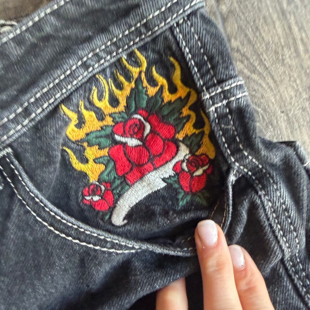 VTG Y2K Ninth Hall Idle Denim Jorts- Tattoo Embroidery Tiger Dragon Black Wms 4 - Picture 4 of 7
